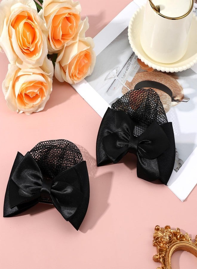 Aysatogc 2 Pieces Hair Snood Net, Women's Bun Cover Hairnet Satin Bow Barrette French Clips Ribbon Flower Hair Accessories for Stewardess Banks Hotels Restaurant Staff (Black) - Image 4